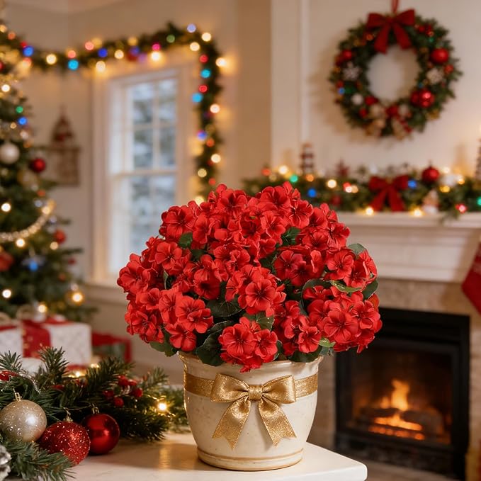 Artificial Flowers for Outdoors, 6 Bundles Realistic Silk Fake Red Geraniums, Faux Plastic Flowers for Outdoor Planters, Hanging Baskets, Window Boxes, Porch, Patio Decor