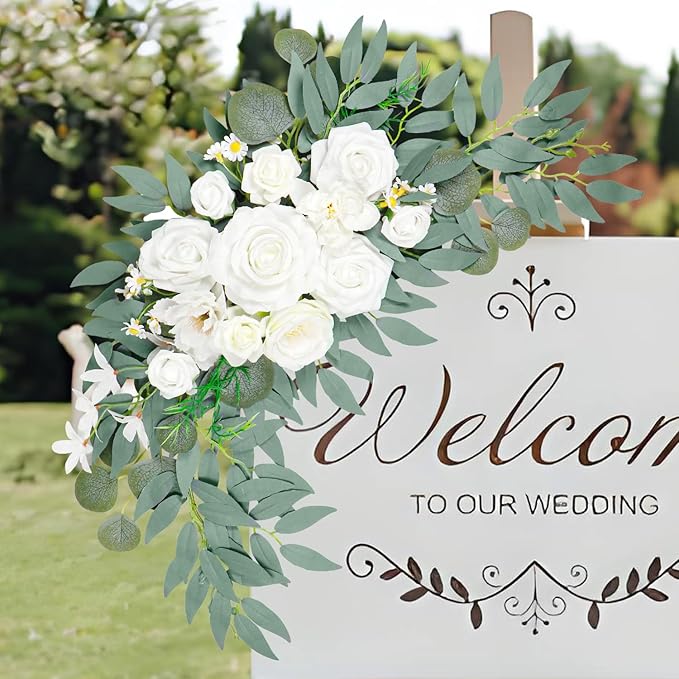 Wedding Arch Faux Flowers Set of 2, Wedding Welcome Signs Greenery Garland Decoration for Ceremony, Reception, Backdrop (White)