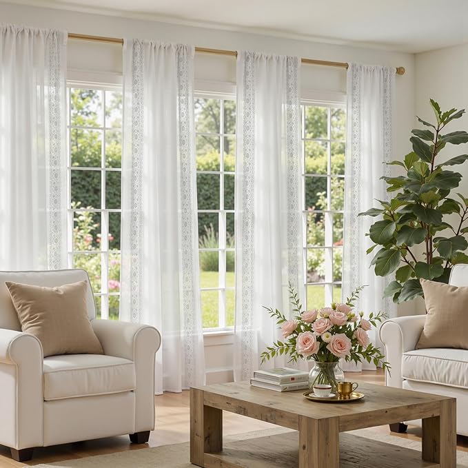 jinchan Weslie Floral White Sheer Curtains for Living Room 84 Inch Long Embroidered Voile Farmhouse Linen Curtains for Bedroom Bordered Flower Patterned Cottage Core Window Drapes 2 Panels Off White