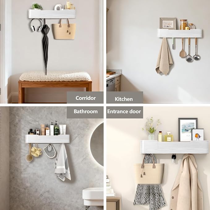 Wall Mounted Coat Rack with Shelf, Wooden Entryway Organizer with Hidden Metal Hooks for Hanging Coats Bags Keys, Modern Floating Shelf for Hallway Bathroom