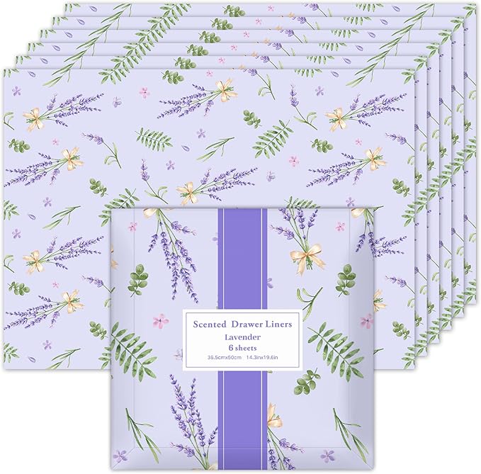 SCENTORINI Lavender Scented Drawer Liners for Dresser, 14.3 x 19.6 Inch 6 Sheets, Non-Adhesive Drawer Shelf Liners for Bedroom Dresser, Kitchen Cabinets, Home Shelf Closet