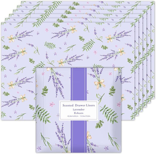 SCENTORINI Lavender Scented Drawer Liners for Dresser, 14.3 x 19.6 Inch 6 Sheets, Non-Adhesive Drawer Shelf Liners for Bedroom Dresser, Kitchen Cabinets, Home Shelf Closet