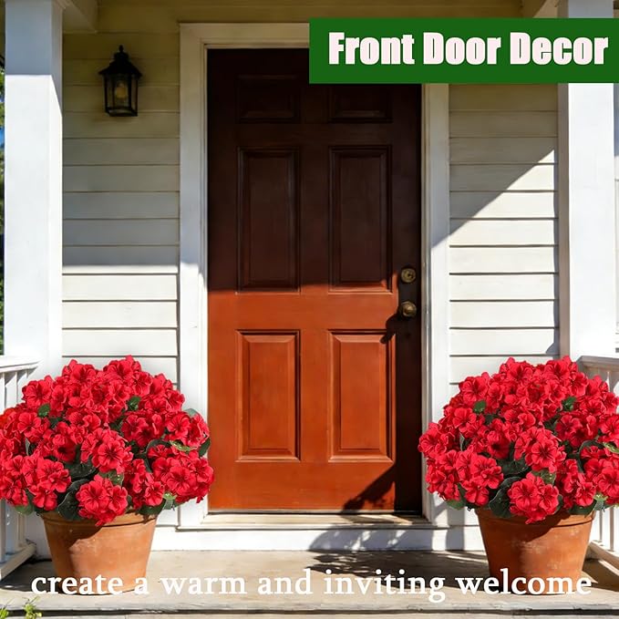 Artificial Flowers for Outdoors, 6 Bundles Realistic Silk Fake Red Geraniums, Faux Plastic Flowers for Outdoor Planters, Hanging Baskets, Window Boxes, Porch, Patio Decor