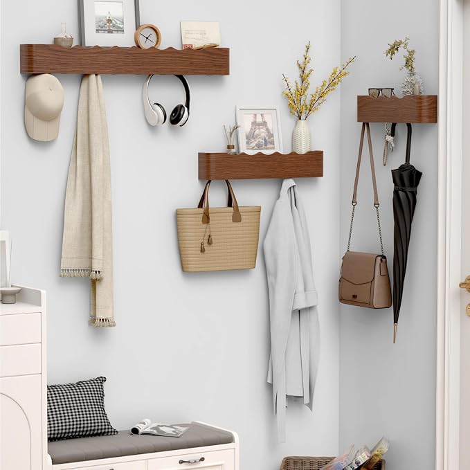 Coat Rack Wall Mount with Hidden Hooks, Wall Hooks with Shelf, Wall Key Holder Mount Wooden Shelf Entryway Hooks for Bedroom Bathroom for Hanging Coats Hats Bags Towels (Walnut Wave-Shape, 4 Hooks)