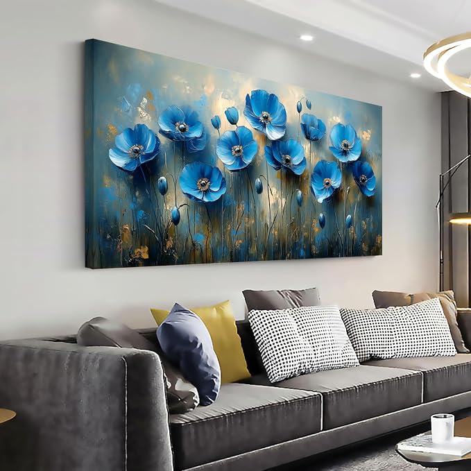 Ggaafet Navy Blue Flowers Wall Art for Living Room Canvas Oil Painting Prints Beautiful Floral Blooming Art Deco Pretty Artwork Office Bedroom Family Dining Room Decor Large
