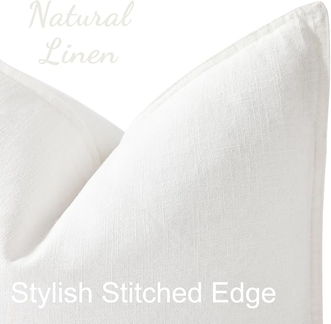 decorUhome Summer Decorative Linen Throw Pillow Covers 12x20 Inch Set of 2 Cream White Lumbar Pillow Covers with Flange Edges Soft Farmhouse Boho Accent Pillow Cases for Couch Bed Living Room