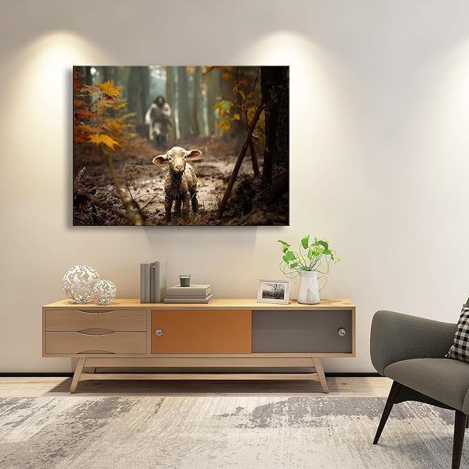 Ploceiny Extra large christian wall art for living room decor Jesus and Lamb canvas wall prints Jesus Running After Lost Lamb Picture for home decor,Religious wall decor for prayer room.A-417 (45"X30")