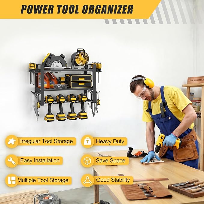 Jusgym Power Tool Organizer Wall Mount |150lbs Garage Storage Rack with 4 Cordless Drill Holder |3-Tier Heavy Duty Tool Storage Rack for Garage Organization |Gift for Men