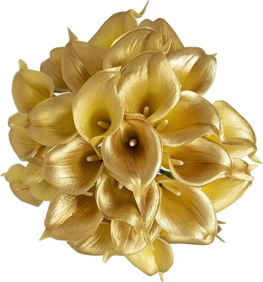 Floral Kingdom 20 Pack 14" Calla Lily Artificial Flowers, Real Touch 18k Gold Colored Faux Flowers for Home Decor, Table Centerpieces, Living Room & Weddings