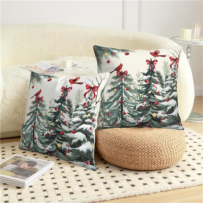 Set of 2 Christmas Tree Pillow Covers Snowy Pine Throw Pillow Covers 16x16 Green Xmas Tree Cardinal Bird Pillowcase Winter Holiday Cushion Case for Home Decor Couch Sofa