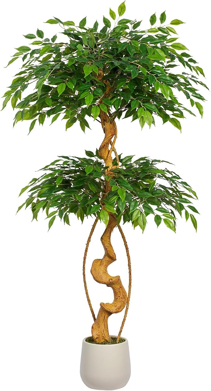 5FT Artificial Ficus Tree, 60in Fake Silk Tree with Natural Curved Trunk & 1488 Lush Leaves, Floor Faux Plant with White Pot, Low Maintenance Decor for Home, Office, Patio