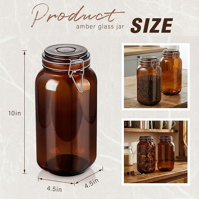 Norme Amber Glass Canisters, Mason Jars, Airtight Food Storage Jars with Clamp Lids for Flour, Sugar, Cereal, Pasta & Pantry Organization (8 Pack,Square,78 oz)