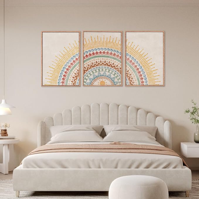 HPINUB Boho Sun Framed Canvas Wall Art Set, Mid-Century Modern Wall Decor, Minimalism Bohemian Wall Painting, Abstract Geometric Pattern Art Print for Living Room, Bedroom, Office - 16"x24"x3