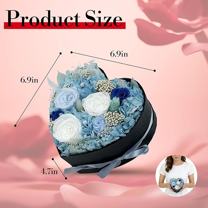 Preserved Roses Heart Shape Box Valentines Day Gifts for Her Mothers Day Forever Flowers (Multicolor-Blue, One Size)