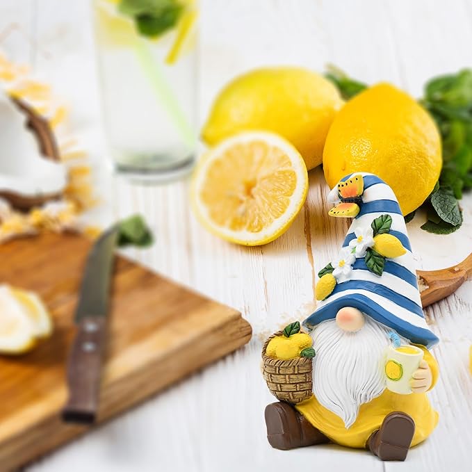 Lemon Decor Spring Garden Gnome, Mediterranean Decor Resin Figurines, Lemon Party Decoration for Home Kitchen Office Tiered Tray, Summer Gnomes Gifts