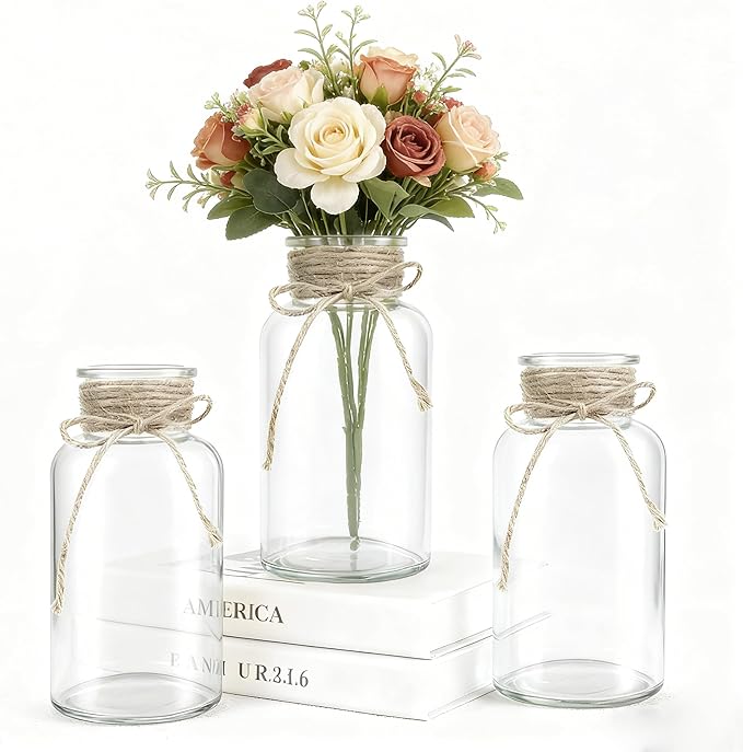 Vintage Glass Flower Vase, Farmhouse Glass Centerpiece Vases Mason Jars for Weddings, Parties & Home Decor Bulk (3, Transparent)