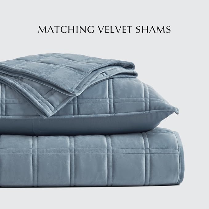 EverGrace 3 Pieces Luxurious Velvet Quilt Queen Size, Ultra Soft Bedspread Coverlet Set, Double Box Stitch Lightweight Velvet Comforter for All Season with 2 Shams, Blue Linen, 92"x96"