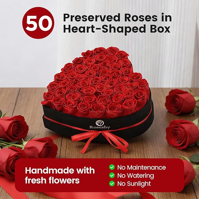 Valentines Day Flowers Roses Gifts for Her,50pcs Red Forever Preserved Roses in Heart Shape Gift Box,Valentines Day Delivery Prime Gifts-Roses Gifts for Women,Mom.