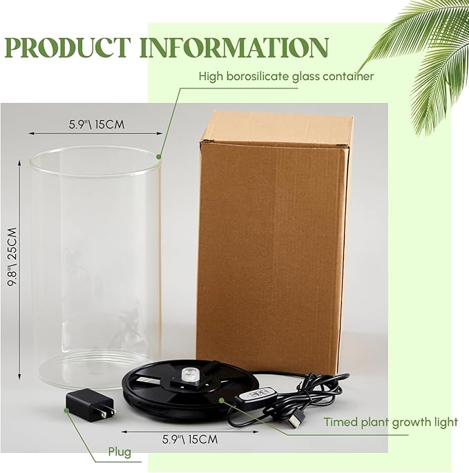 Maxdot Glass Plant Terrarium Kit with LED Grow Light, Desk Terrarium for Venus Fly Trap, Succulents, Moss & Miniature Garden, Borosilicate Glass Desktop Planter for Home Office(9.8 x 5.9 Inch)