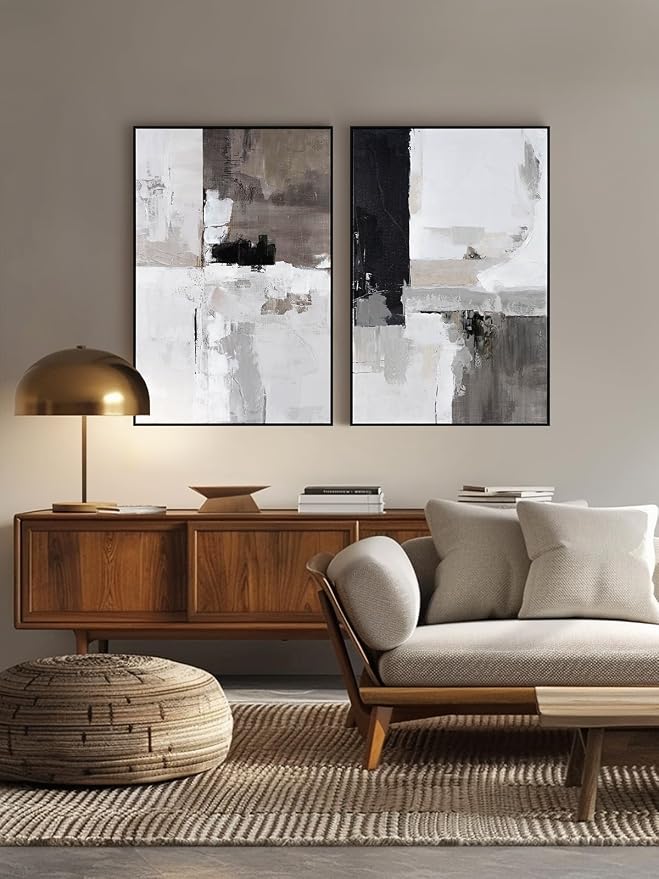 SAFERRYHOME Set of 2 Modern Grey and Black Abstract Wall Art - Framed Canvas Paintings for Living Room, Bedroom, Office Décor - 24x36 Inches Each
