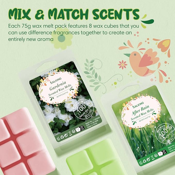 SALKING Spring Scented Wax Melts, Soy Wax Melts Gift Set, Wax Cubes/Tarts for Warmer - Cherry Blossom, Gardenia, Rose Geranium, After Rain, Fresh Cut Grass, Sweet Pea, Bamboo, Earth, 8x2.6 oz