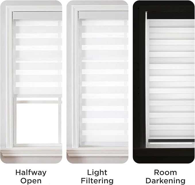 Joydeco Cordless Zebra Blinds (Pro), Dual Layer Light Control Zebra Blinds for Windows, Light-Proof Aluminum Cover, Free-Stop Roller Shades for Home & Office (White, 42" W x 75" H)