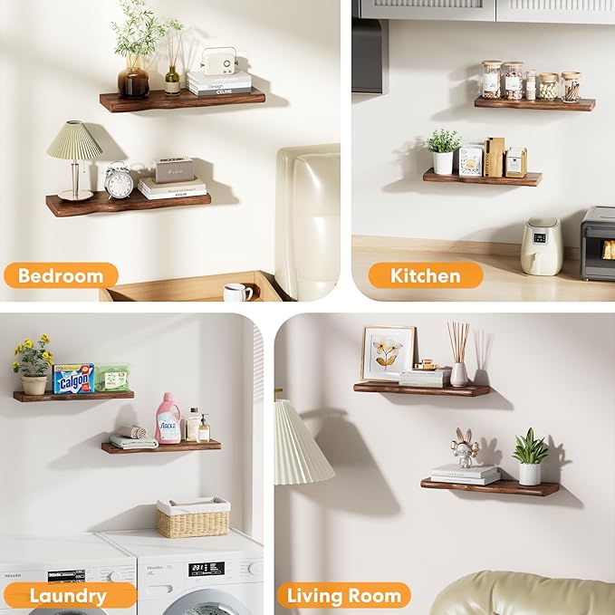 Solid Wood Live Edge Floating Shelves Set of 2 – 24" Rustic Wall Shelf with Hidden Bracket System, Wall Mounted Shelves for Bathroom, Kitchen, Living Room, Bedroom (Glazed Walnut)