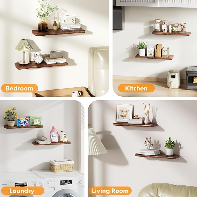Solid Wood Live Edge Floating Shelves Set of 2 – 24" Rustic Wall Shelf with Hidden Bracket System, Wall Mounted Shelves for Bathroom, Kitchen, Living Room, Bedroom (Classic Walnut)