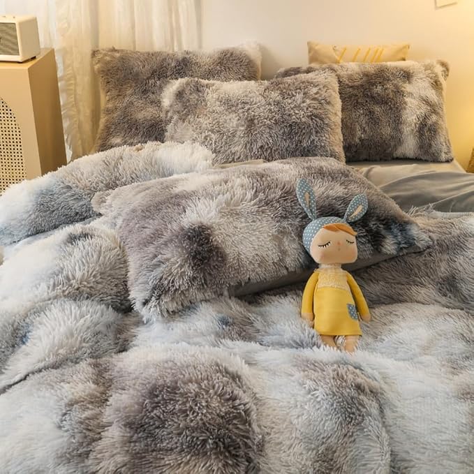 chovy Faux Fur Tie-Dyed Black White Gray Colorful Comforter Sets King - 3PC Bed Set Ultra Soft Plush Flannel Velvet Fluffy Fuzzy Bedding（Comforter x 1 Pillowcases x 2）