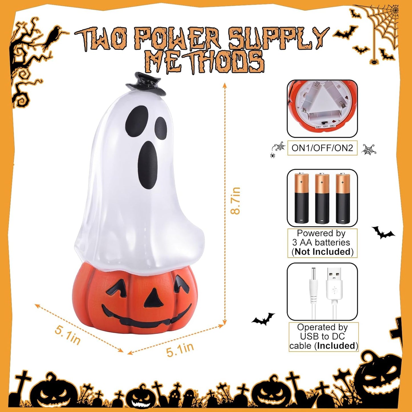 Halloween Snow Globe Lantern Spooky Glost and Pumpkin Halloween Snow Globes Musical Water Glitter Globe with 6H Timer Battery Operated or USB Powered for Spooky Home Decorations (Ghost and Pumpkin)