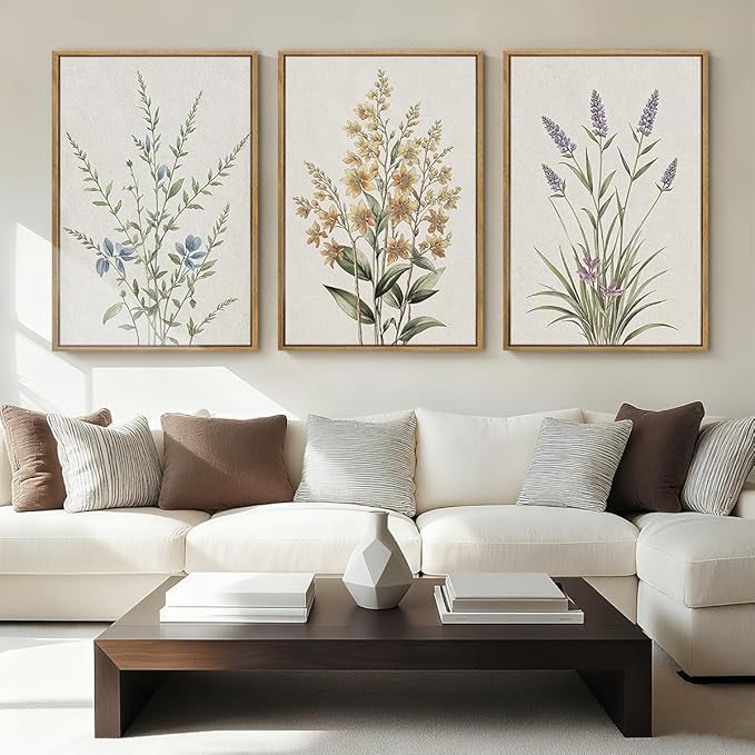 Anyzal Botanical Floral Framed Wall Art Large 16x24 Inch Modern Neutral Wildflower Canvas Art Prints Beige Cream Flower Wall Decor for Living Room Bedroom Dining Room Set of 3