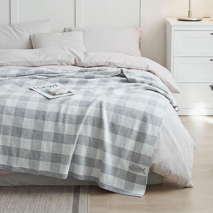 BOV Knit Checkered Throw Blanket - 100% Viscose Silky Super Soft Breathable Lightweight Decorative Throw Blanket for Year-Round Comfort, Perfect Self Care Gifts for Women & Men, Heather Grey 50"x60"