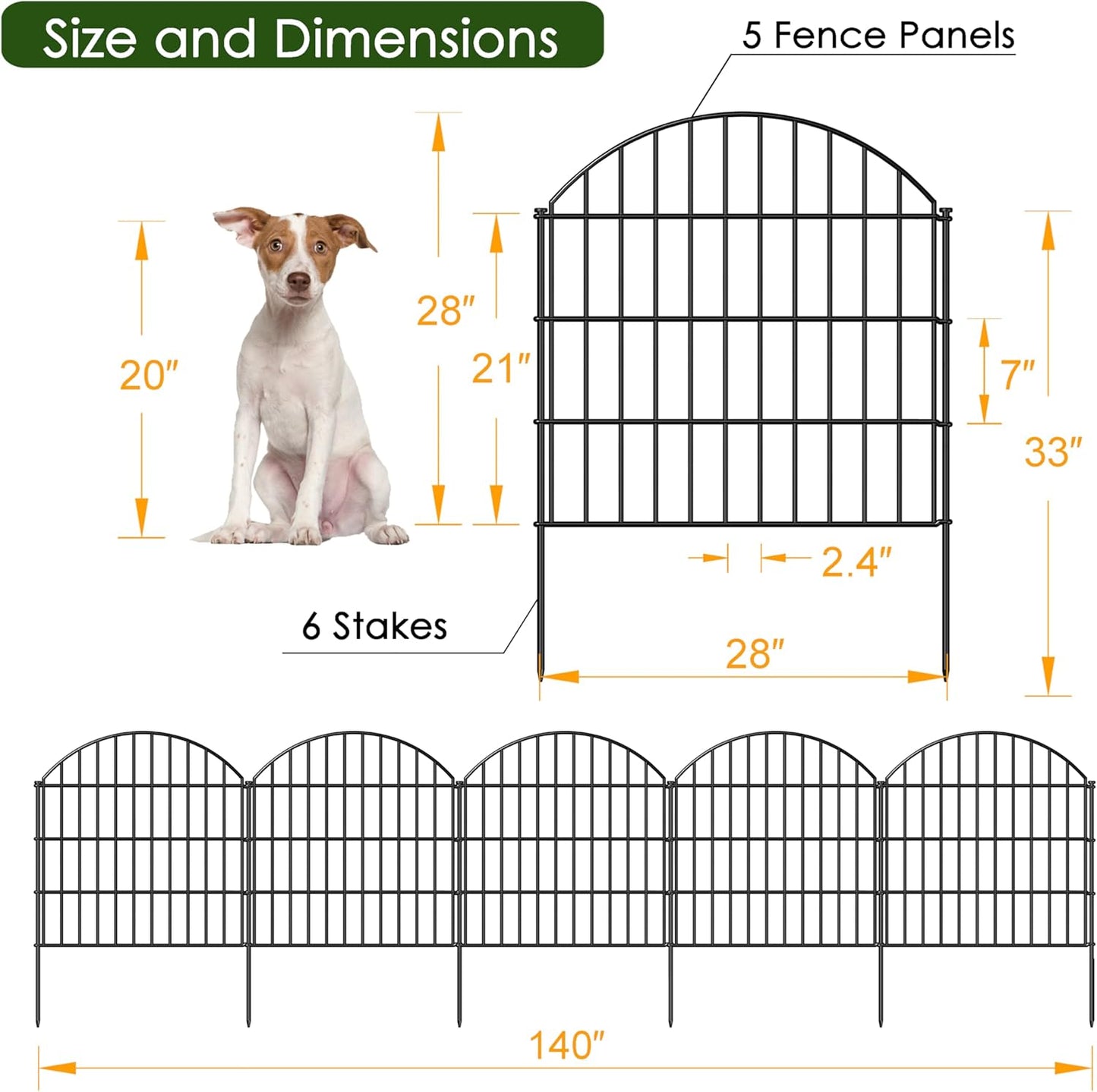 Metal Garden Fence 28in (H) x 11.7ft (L), 5 Panels + 6 Stakes Rustproof Border Fence Animal Barrier for Dog, No Dig Garden Fencing for Yard Flower Bed Patio Outdoor, CTW2828 Black