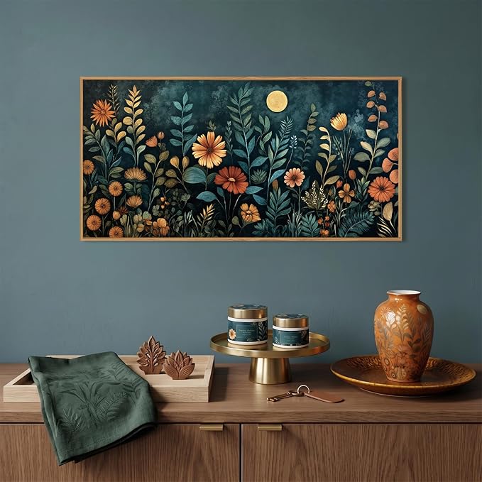 Vintage Dark Botanical Framed Canvas Wall Art Set,Colorful Floral Wall Decor,Moody Blue Wildflower Wall Painting,Nature Blossom Flower Art Prints for Living Room,Bedroom,Office-20 X40 x1