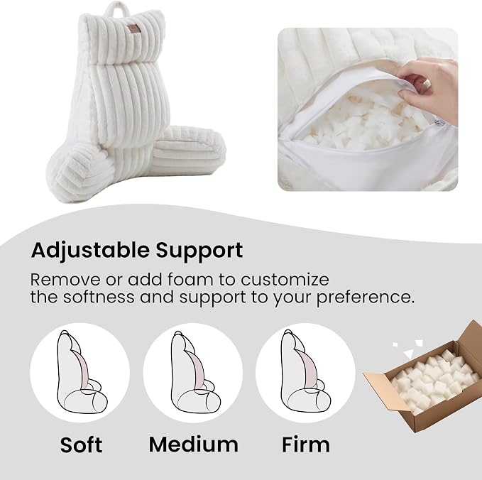 Amélie Home Faux Fur Reading Pillow with Pocket for Sitting in Bed, Adult Backrest Bed Pillow with Washable Cover for Lounging, Watching TV/Gaming/Resting/Post/Surgery/Nursing, Ivory, 29 inches