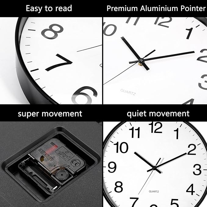 Inbagi 8 Pcs Wall Clock Large Silent Battery Operated Wall Clocks Modern Non Ticking Clocks Bulk Decorative for Kitchen Office Living Room Home Bathroom Bedroom Classroom (Black,14 Inch)