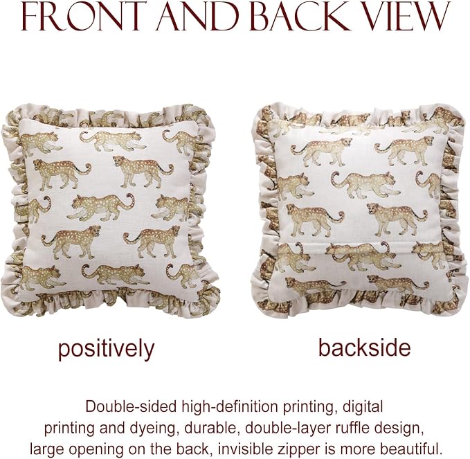 patdrea Designer Vintage Linen Throw Pillow Cover,18"x18",Set of 2-Fromm C | Elegant Decorative Pillow Case with Zipper,Ruffle Leopard Pattern,Pillow Cover for Couch Living Room Bedroom Sofa