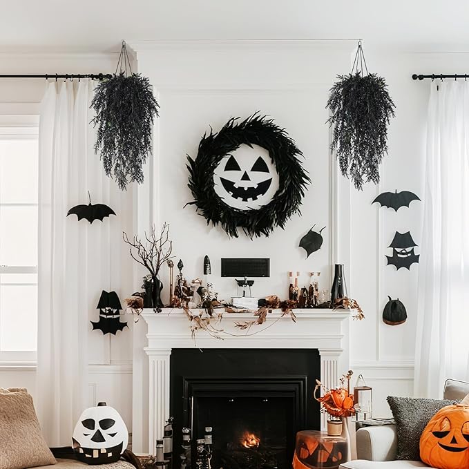 SJL Black Hanging Flowers Fake Hanging Plants Artificial Greenery Outdoor Flowers UV Resistant Fake Lavender Plant Plastic Flower Faux Vine for Garden Porch Gothic Halloween Decorations (Black)