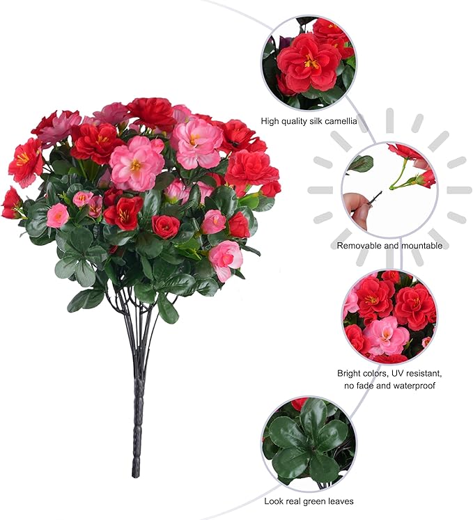 Artificial Faux Outdoor Flowers Plants for Spring Summer Decoration, Fake Silk Camellia UV Resistant Look Real for Planter Outside Front Door Porch Patio Balcony, 3 Large Bundles (Melon Red+Red)