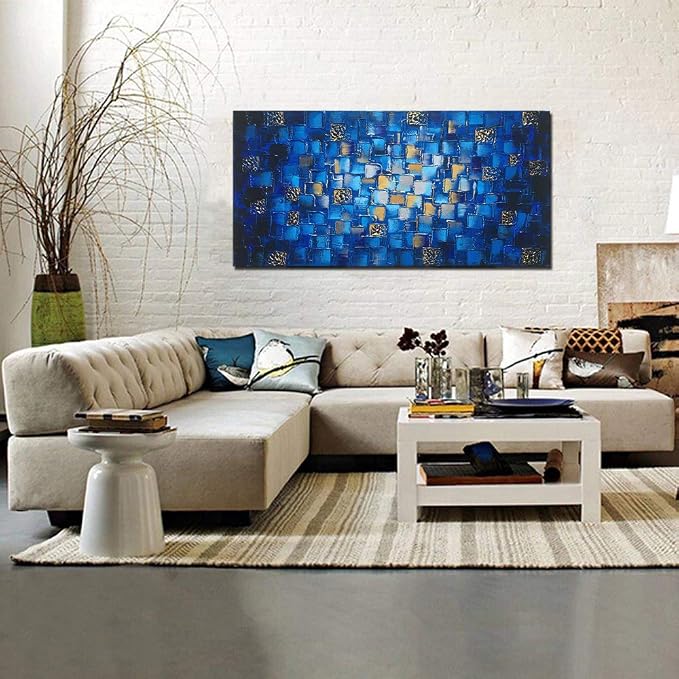 MyArton Large Thick Abstract Dark Blue add Golden&Silver Square Wall Art Hand Painted Artwork Textured Oil Painting on Canvas Framed Ready to Hang 60x30inch