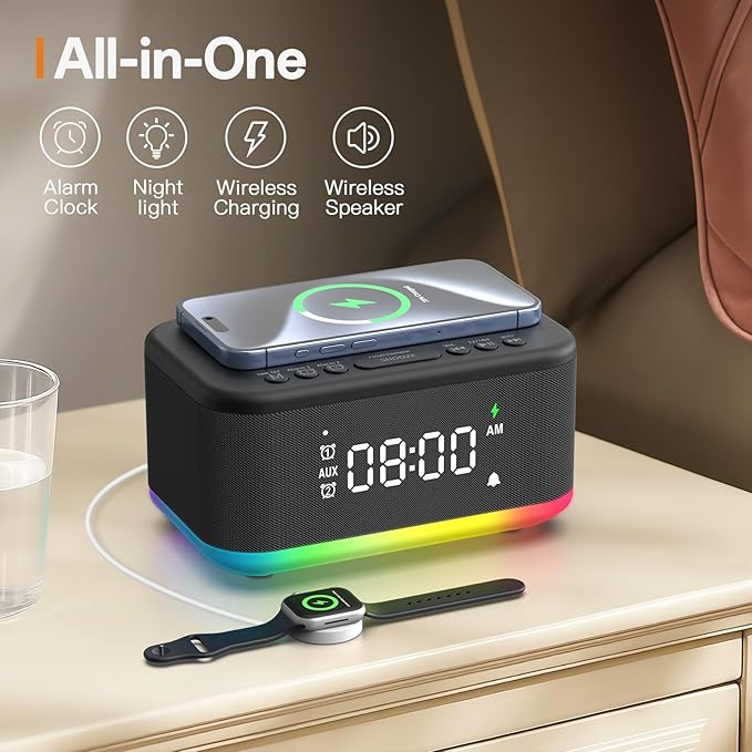Wireless Charging Alarm Clock Bedroom, Digital Alarm Clocks Bedrooms Bluetooth, Loud Bluetooth Speaker Alarm Clock Night Light Dual Alarm Snooze 12/24H Dimmer Bluetooth AUX USB Charging, Black