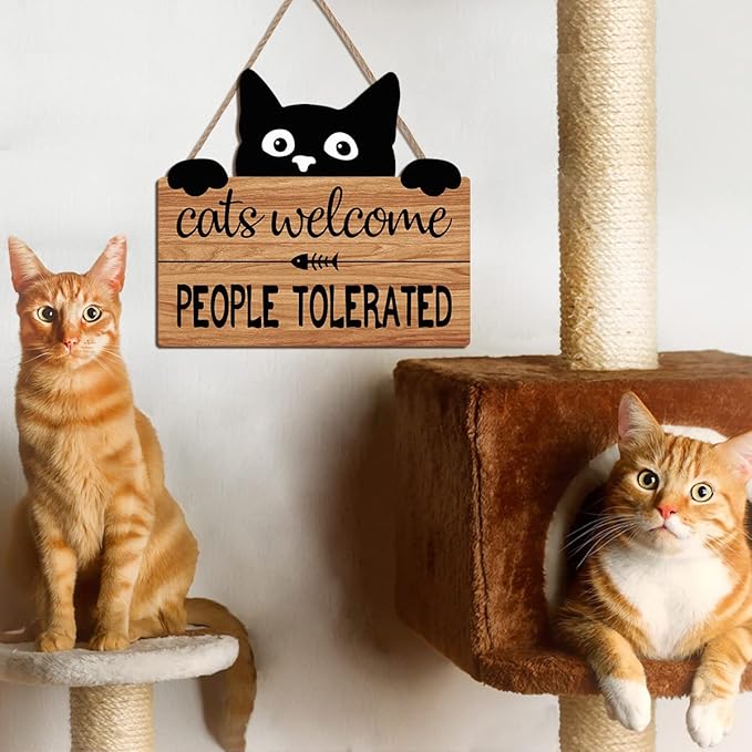 LHIUEM Funny Cat Welcome Sign,Cats Welcome People Tolerated Kitty Kitten Wooden Plaque,10X11 inches Black Cat Wall Decor, Funny wood Sign For Pet Shop Home,Cat Lover Gifts
