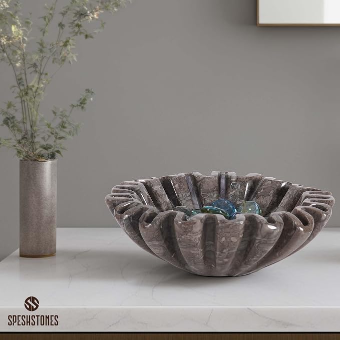 Marble Small Decorative Bowl 6 Inch Handmade Stone Ruffle Bowl, Scalloped Bowls for Table Centerpieces & Housewarming Gifts, Fluted Ring Dish, Fruit & Key Bowl for Entry Table