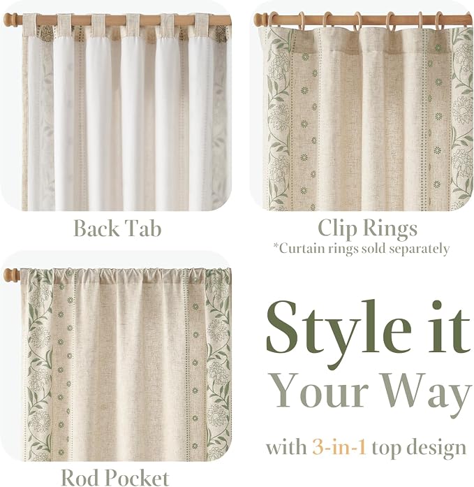 jinchan Winslow Lined Linen Curtains for Bedroom 63 Inches Linen Blended Embroidered Bordered Floral Curtains for Living Room Farmhouse Decor Window Treatments Sage on Beige Drapes 2 Panels