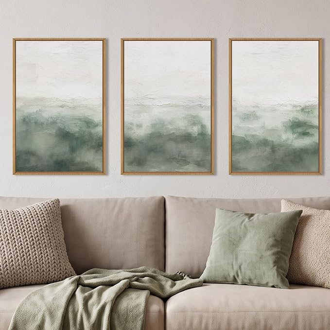 Large Abstract Grey Green Framed Canvas Wall Art,Watercolor Neutral White Wall Decor,Modern Pastel Wall Painting,Illustrations Artwork for Living Room,Bedroom,Dining Room,Office- 24"x36"x3