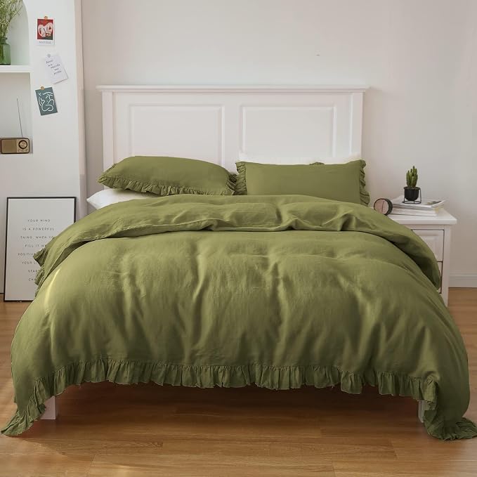 Simple&Opulence 100% Linen Duvet Cover Set, 3 PCS Natural French Flax Ruffle Duvet Cover Queen Size, Breathable Comfy Linen Bedding Comforter Cover with 2 Pillowcases (Olive Green, 88" X 92")