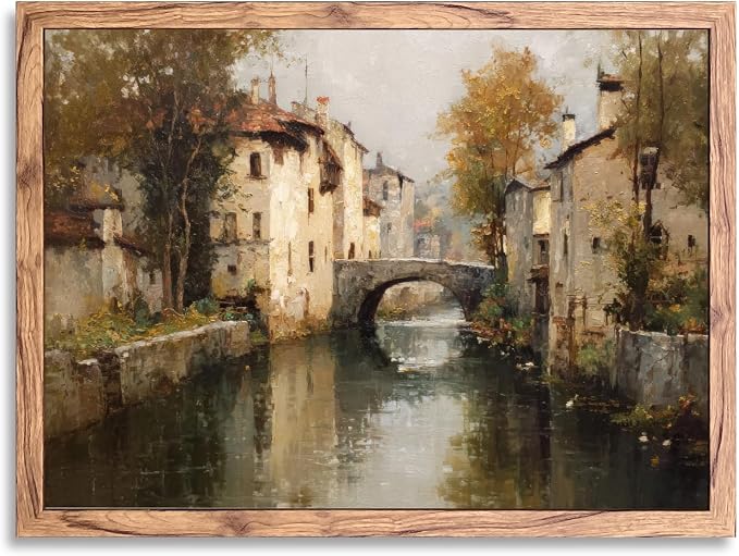 KBBYT Large Framed Wall Art European Canal Landscape Poster Canvas Print Vintage Rustic Farmhouse Painting Pictures Wall Decor Aesthetics for Living Room Apartment Decoration 24x36inch Wood Framed