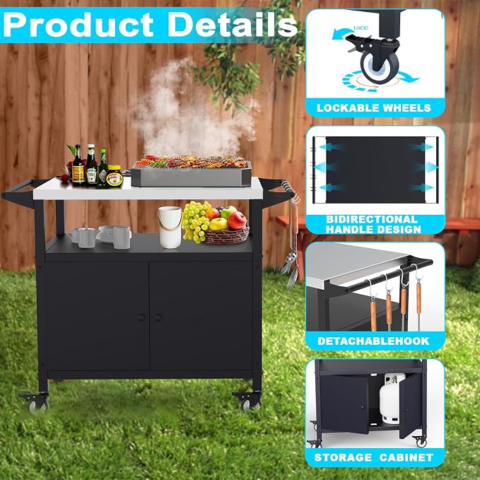 COZEER Outdoor Grill Table with Storage, Movable BBQ Grill Cart, Outdoor Kitchen Prep Station, Rolling Bar Serving Cart with Utensil Hooks, Blackstone Griddle Stand