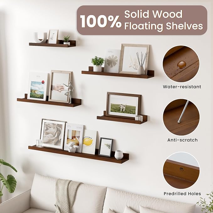 Acovy Long Floating Shelves for Wall, 55 inch Solid Wood Picture Ledge Shelf, Picture Shelf for Wall with Ledge, Floating Book Shelves for Living Room Bedroom Kitchen Nursery Decor, Walnut, Set of 2