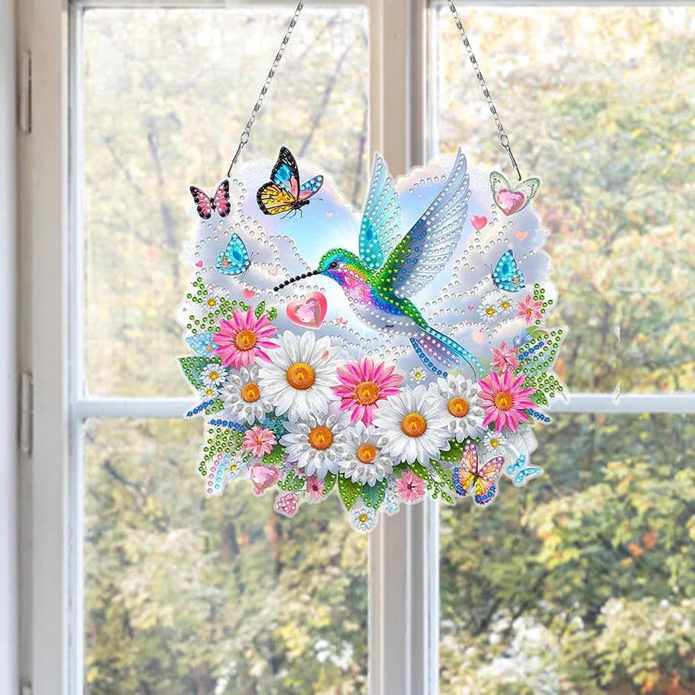 Flowers Hummingbird Diamond Art Kits,5D Diamond Hanging Ornament Kits,DIY Special Shaped Diamond Dot Kits,Home Porch Crystal Hanging Pendant Ornament (Colorful4)